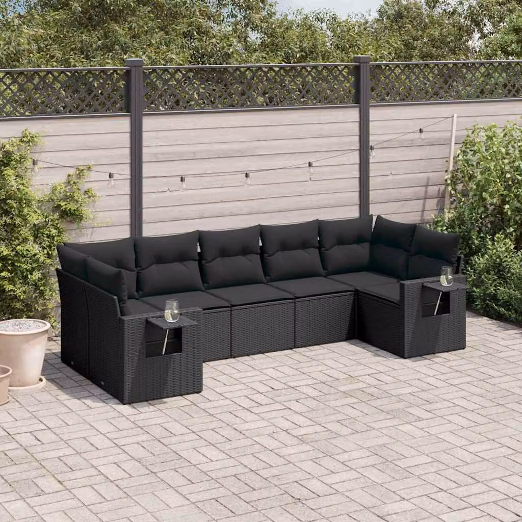 vidaXL Set Divani da Giardino a L con Cuscini 7pz Nero Polyrattan e Metallo – 1