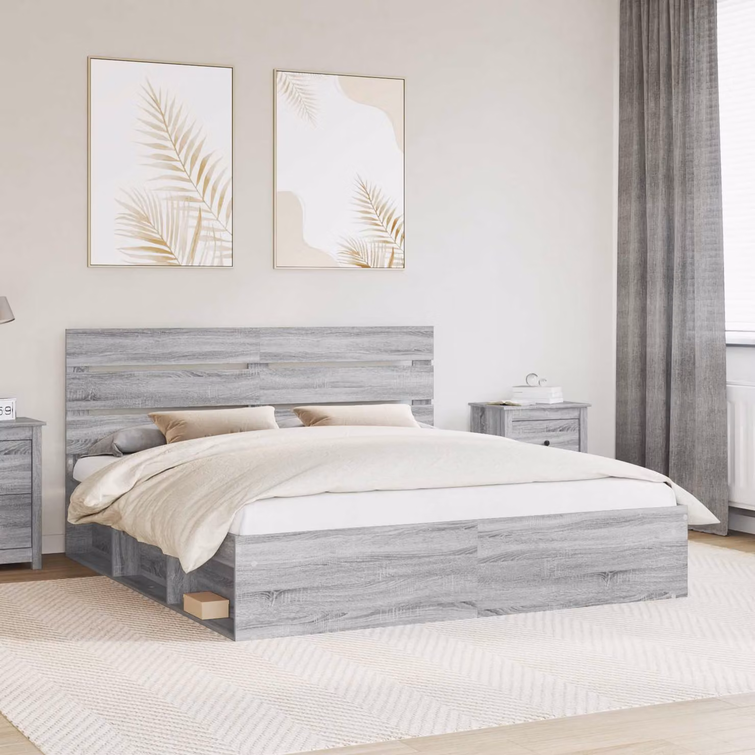 Struttura del letto moderna vidaXL in pino massello e legno, Grigio Sonoma, L: 180 cm, P: 200 cm, H: 100 cm
