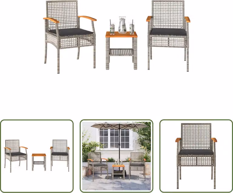 The Living Store Set bistrot 3 pezzi con cuscini in poly rattan grigio e legno di acacia