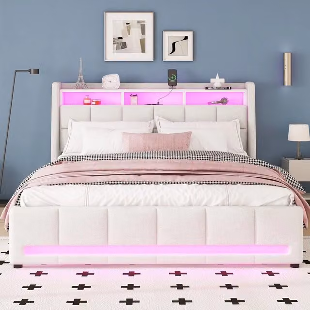 Letto Imbottito con Cassetti e LED ¨C MINIMAL ¨C Lino Beige 140x200