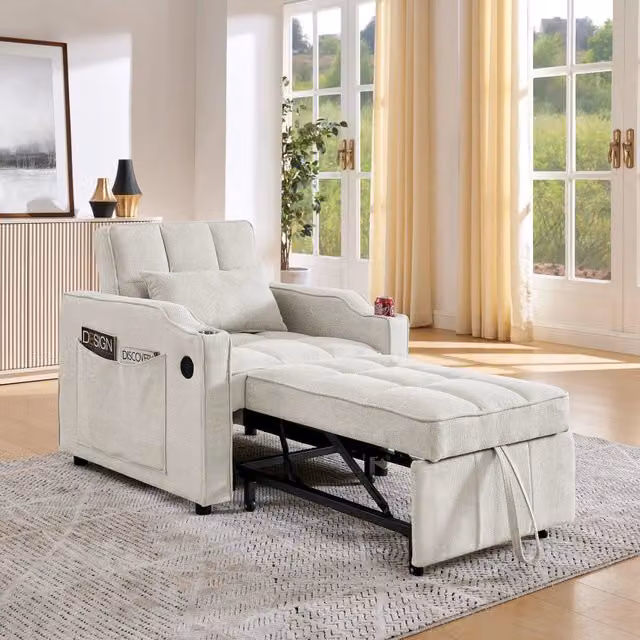 Poltrona letto 3 in 1 Mivray beige con schienale regolabile a 3 livelli, porte USB e USB-C, portabevande e tasche laterali