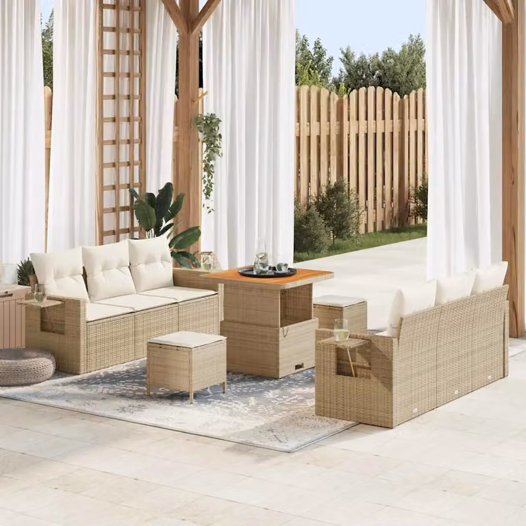 Set Divano da Giardino vidaXL in Polyrattan Beige con Cuscini e Tavolino da Esterno