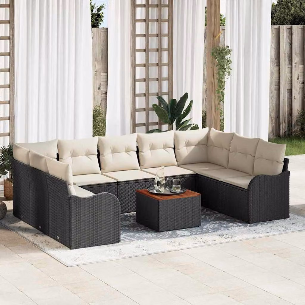 Maison Exclusive - Set da giardino composto da 10 pezzi. Divano e poltrone in rattan sintetico nero e crema