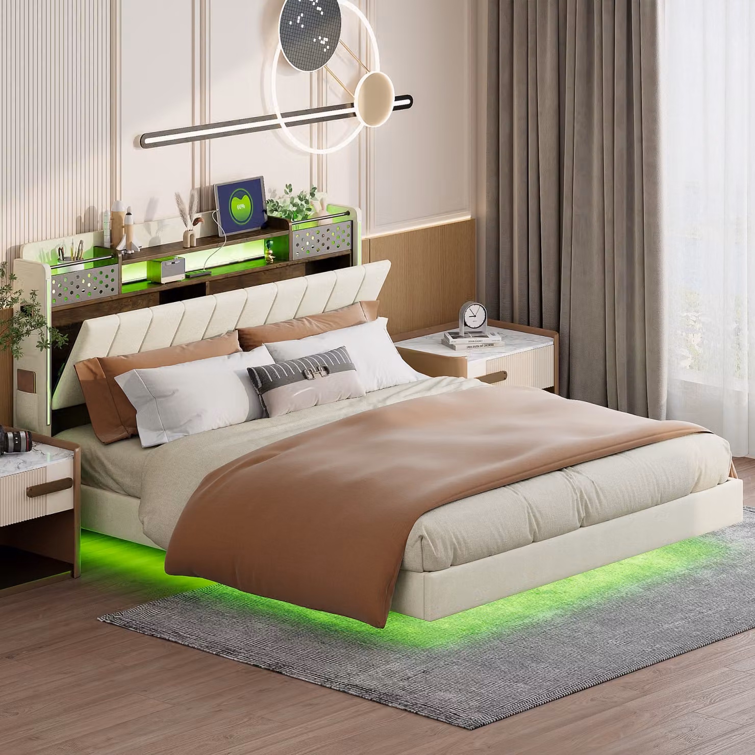 Letto imbottito Fortuna Lai 140x200cm, letto matrimoniale con USB e Led, letto galleggiante con rete a doghe e testiera, letto contenitore, letto funzionale, lino, beige