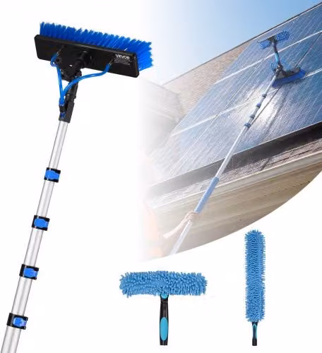 VEVOR Kit di Pulizia per Pannelli Fotovoltaici con Spazzola e Asta Telescopica da 7,88 m, Colore Blu, con Attacco Acqua, Dispenser di Sapone e Testa Girevole a 180°