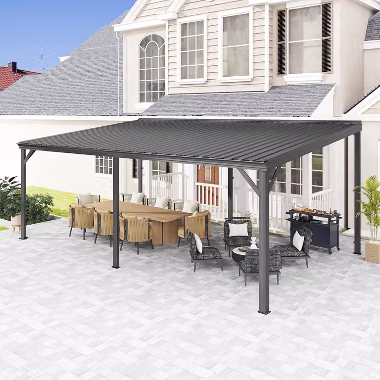 Gazebo da parete, dimensioni 3,61 x 6,01 metri, con tetto in acciaio fisso, colore grigio