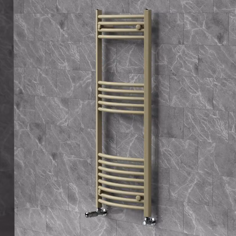 Asciugamani radiante LuxeBath 500x1200 mm, radiatore per bagno con valvola termostatica, asciugamani Sahara curvo con attacco laterale, portasciugamani, color beige
