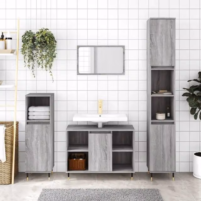 Set di mobili da bagno moderno vidaXL in 3 pezzi colore grigio con legno e metallo