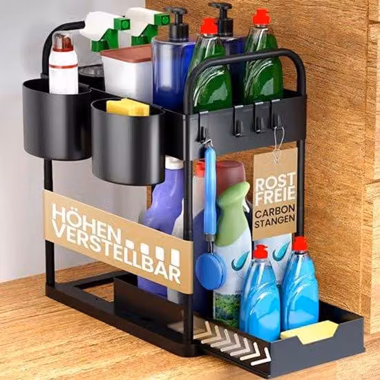 Scaffale da incasso per cucina, 2 ripiani, nero, regolabile in altezza, organizer da cucina, scaffale da incasso, portaspezie
