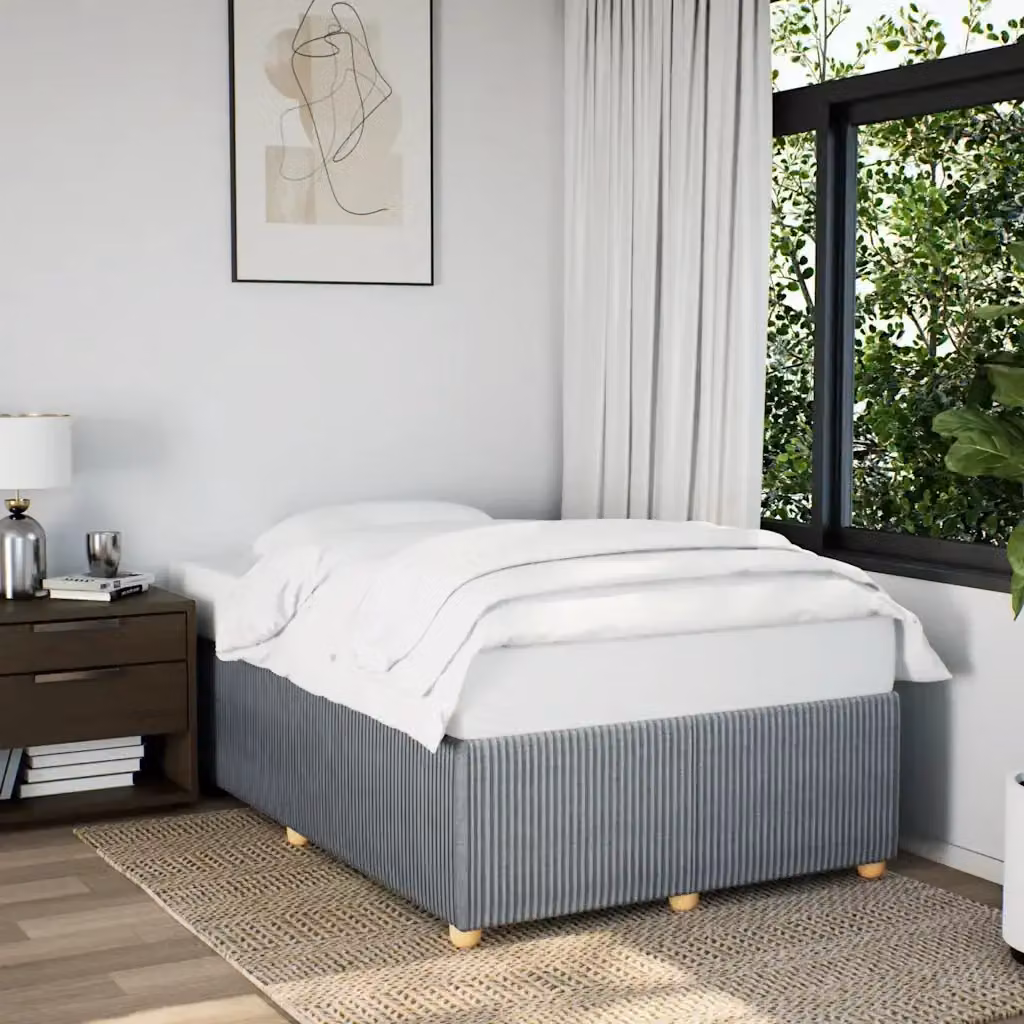 Letto matrimoniale per adulti in tessuto grigio con struttura in legno e doghe, L 120 cm x P 190 cm – 2