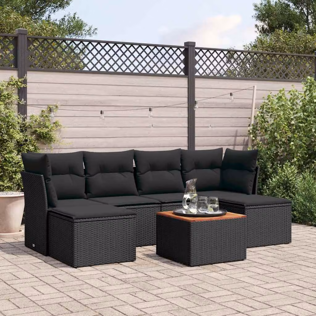 Set Divani da Giardino vidaXL a Forma di L con Cuscini 7pz in Polyrattan Nero e Telaio in Metallo – 1
