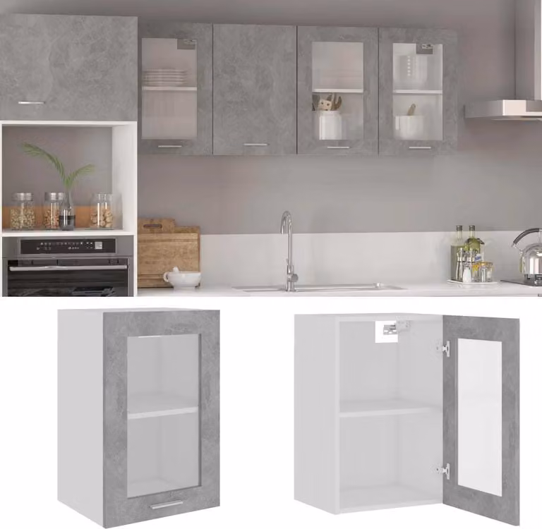 The Living Store Mobile sospeso in vetro grigio cemento 40x31x60 cm materiale legno
