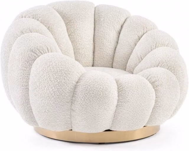Poltrona girevole Bizzotto Florel in tessuto bouclé con base in metallo, disponibile nei colori beige, marrone, oro e bianco
