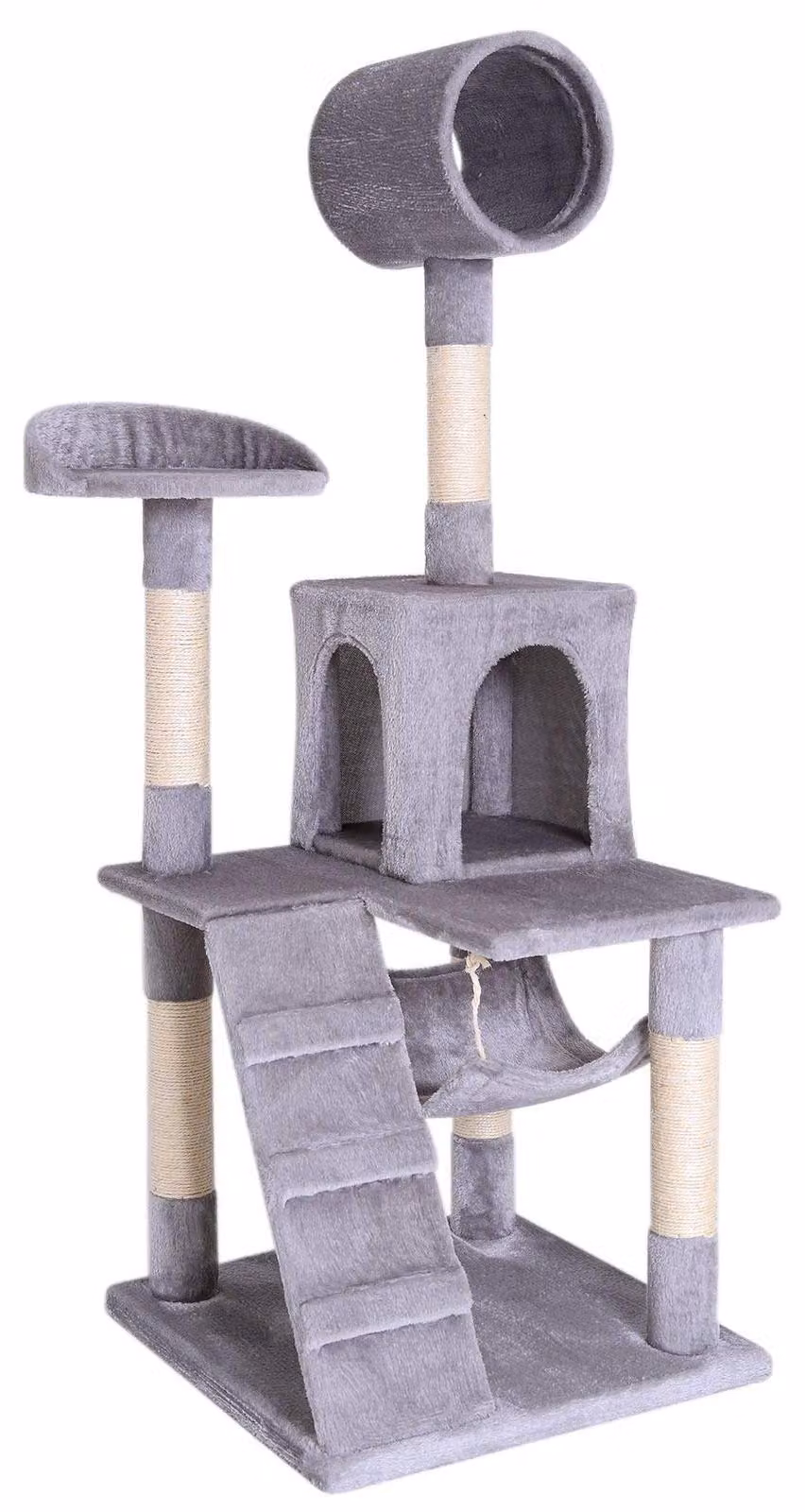 Kratzbaum alto 133 cm, con amaca e tunnel, rivestito in peluche e corda di sisal, colore grigio chiaro, per gatti