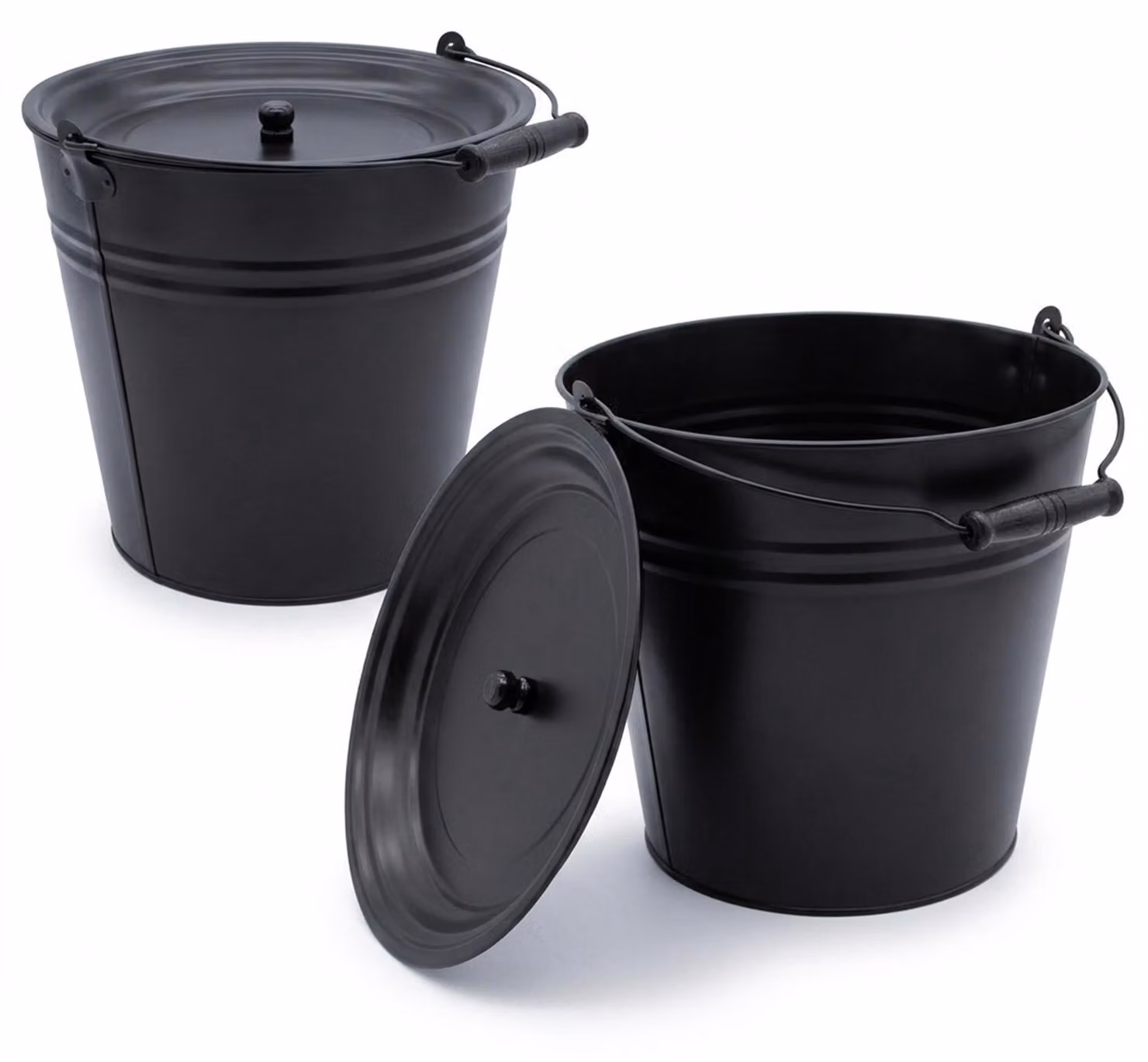 Secchielli decorativi neri da 12 litri con manico in legno e coperchio - Set da 2 - Secchielli in metallo per piantare o trasportare
