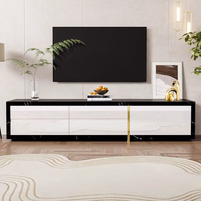 Mobile porta tv allungabile 140-260 cm girevole; bianco lucido ed effetto marmo nero; per schermi 50-59 pollici