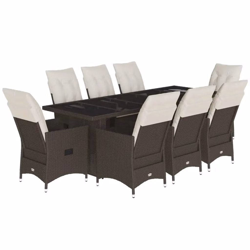 vidaXL Set Bistrò da Giardino 9 pz in Polyrattan Marrone con Cuscini Bianchi e Piano in Vetro – 2