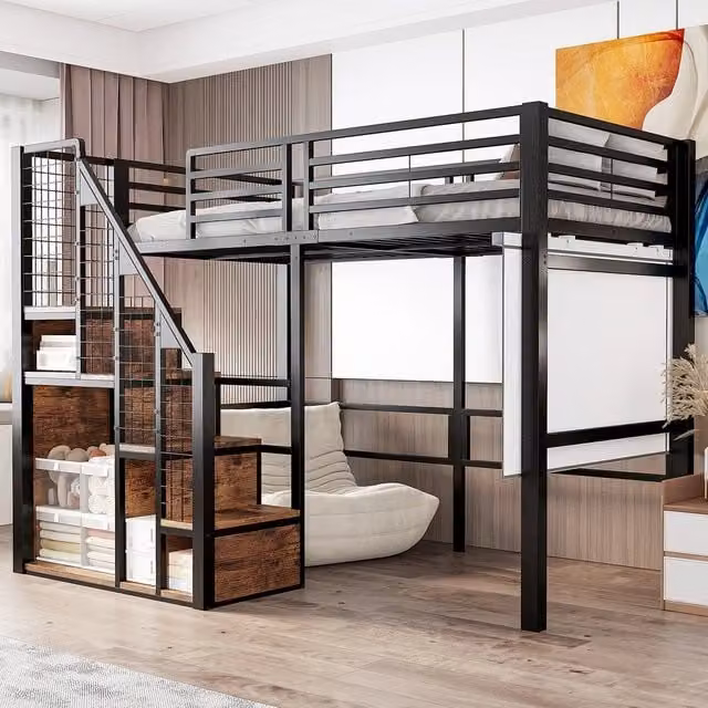 Letto a Soppalco con Scala di Sicurezza ¨C MINIMAL ¨C Singolo 90x200, Metallo, Nero