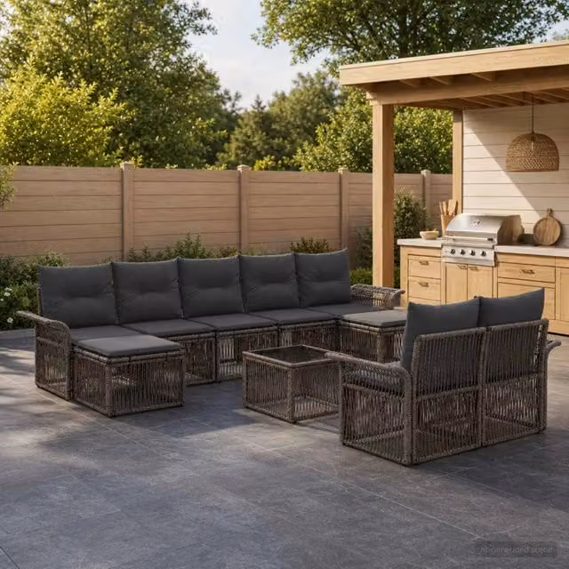 Set da giardino vidaXL composto da 10 pezzi in rattan grigio con struttura in acciaio e cuscini imbottiti a forma di U – 1