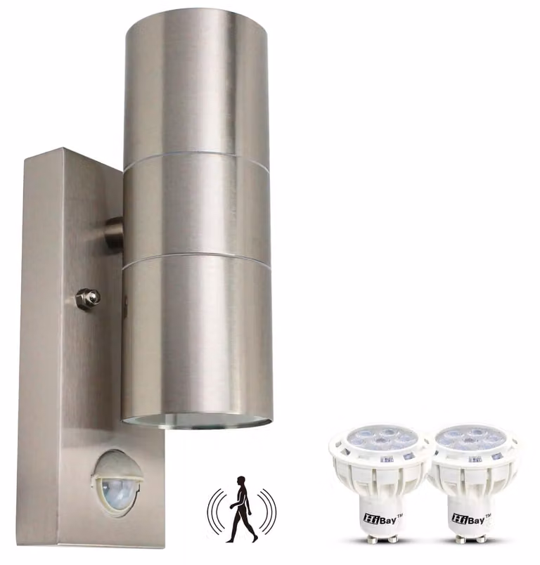 Lampada da esterno con sensore di movimento, in acciaio inossidabile, grado di protezione IP44, 2 portalampade GU10 con lampadine LED a luce calda