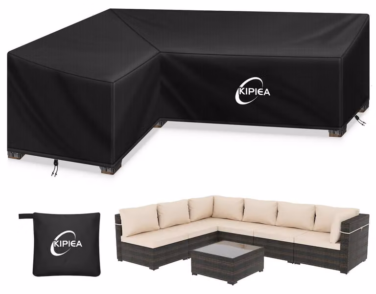 Copertura per mobili da esterno a forma di L, realizzata in tessuto Oxford 420D, impermeabile, resistente al vento e ai raggi UV. Dimensioni: 148x216x85 cm