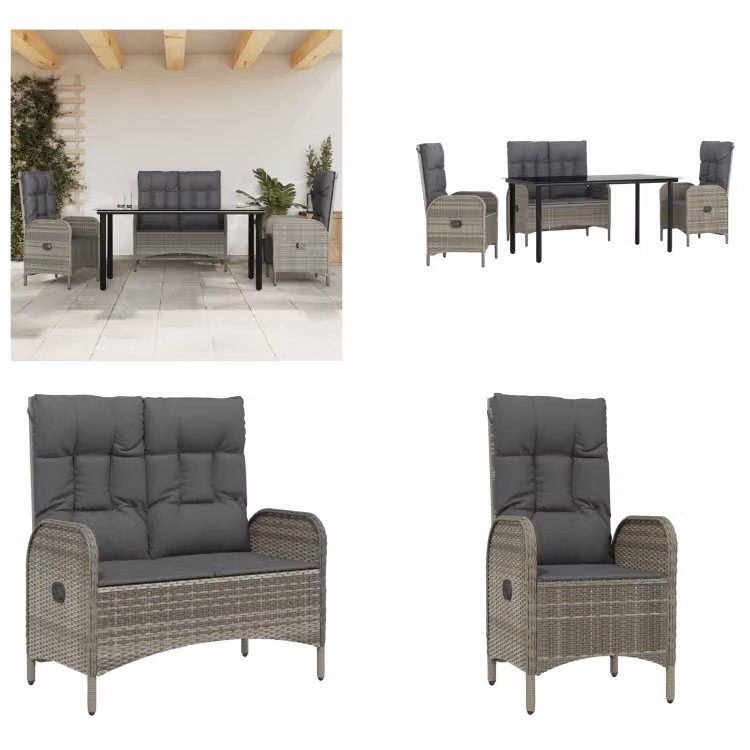 vidaXL Set da pranzo da giardino 4 pezzi con cuscini in poly rattan grigio - Set da pranzo da giardino - Set da pranzo da giardino - Set da giardino - Set di mobili da giardino
