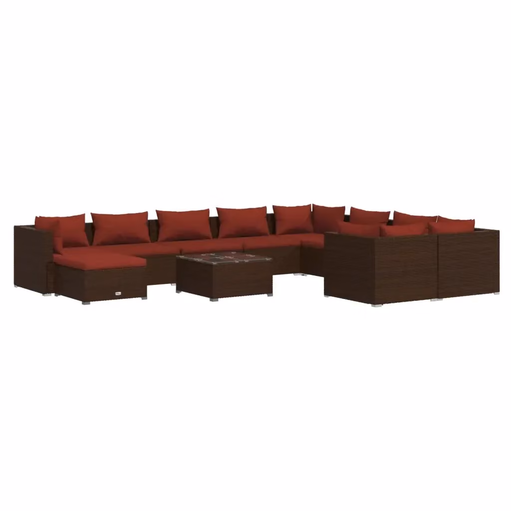 Set di Divani da Giardino a Forma di U vidaXL con 11 Pezzi, Polyrattan Marrone e Rosso con Cuscini Inclusi e Tavolino da Caffè – 2