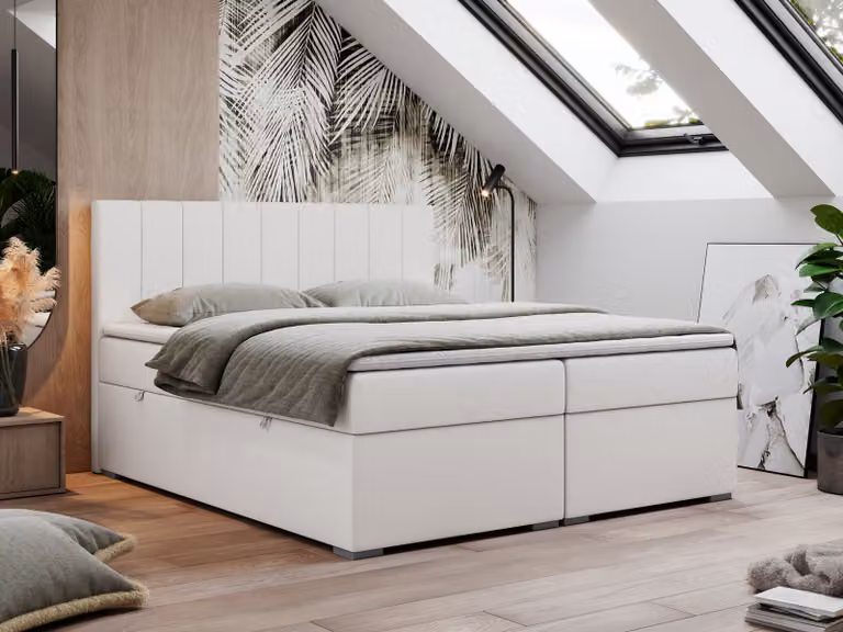 Letto con rete a molle 160x200, letto 160x200 con materasso e topper, letto con rete a molle e contenitore, letto matrimoniale - LOPE - 160x200 - Bianco - Ecopelle - H4