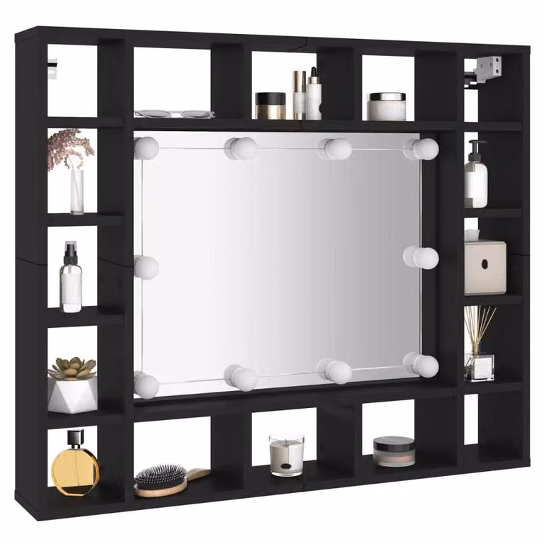 Armadietto a Specchio con LED Nero 91x15x76,5 cm