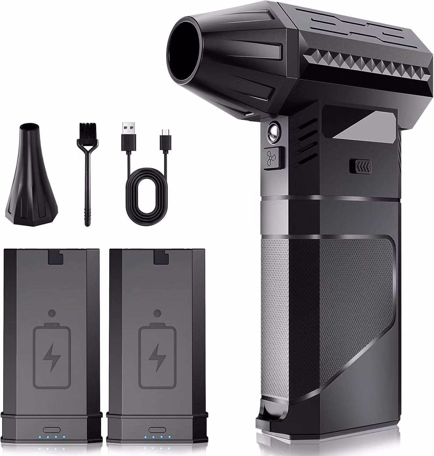Aspirapolvere elettrico per la pulizia, dotato di due batterie intercambiabili modulari, con una potenza di 220 grammi e un flusso d'aria elevato. Include anche un nebulizzatore ad aria compressa con due ugelli magnetici, una batteria da 8000 mAh e 3 velo