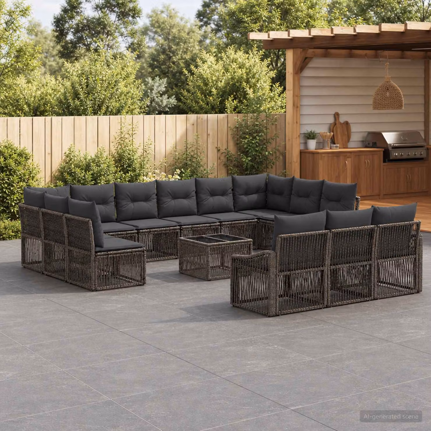 Set Divano da Giardino vidaXL 14 Pezzi a Forma di U Grigio con Poltrone, Elementi Angolari, Tavolino e Cuscini Imbottiti in Polyrattan e Metallo