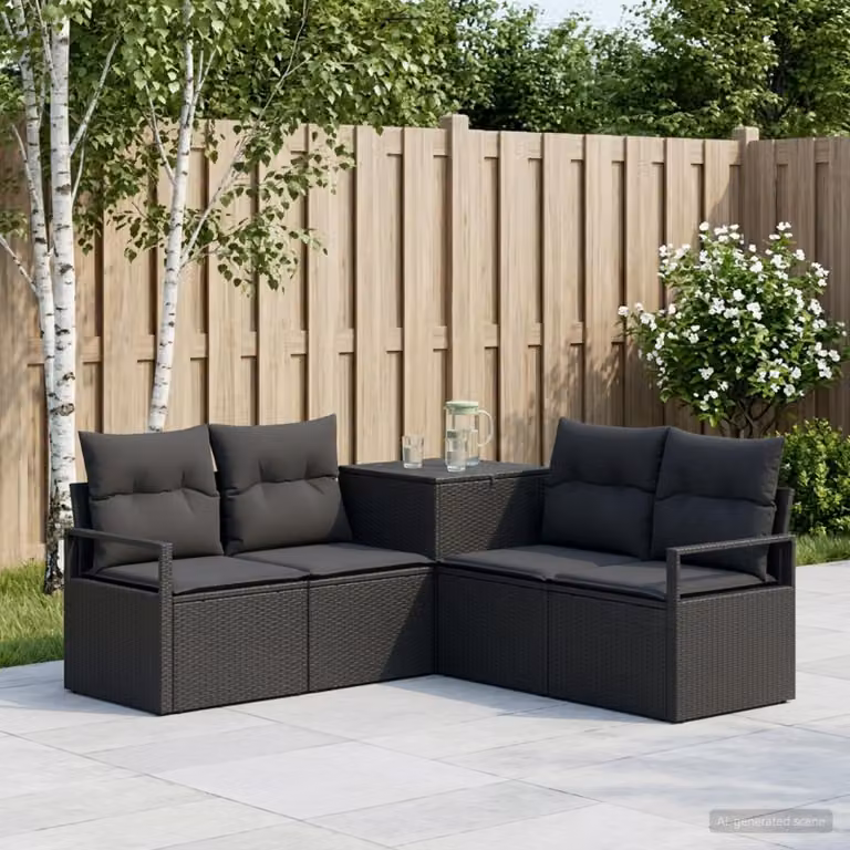 Set di divani da giardino vidaXL a forma di L con poltrona e divano a 2 posti, in rattan sintetico e metallo, colore nero con cuscini inclusi