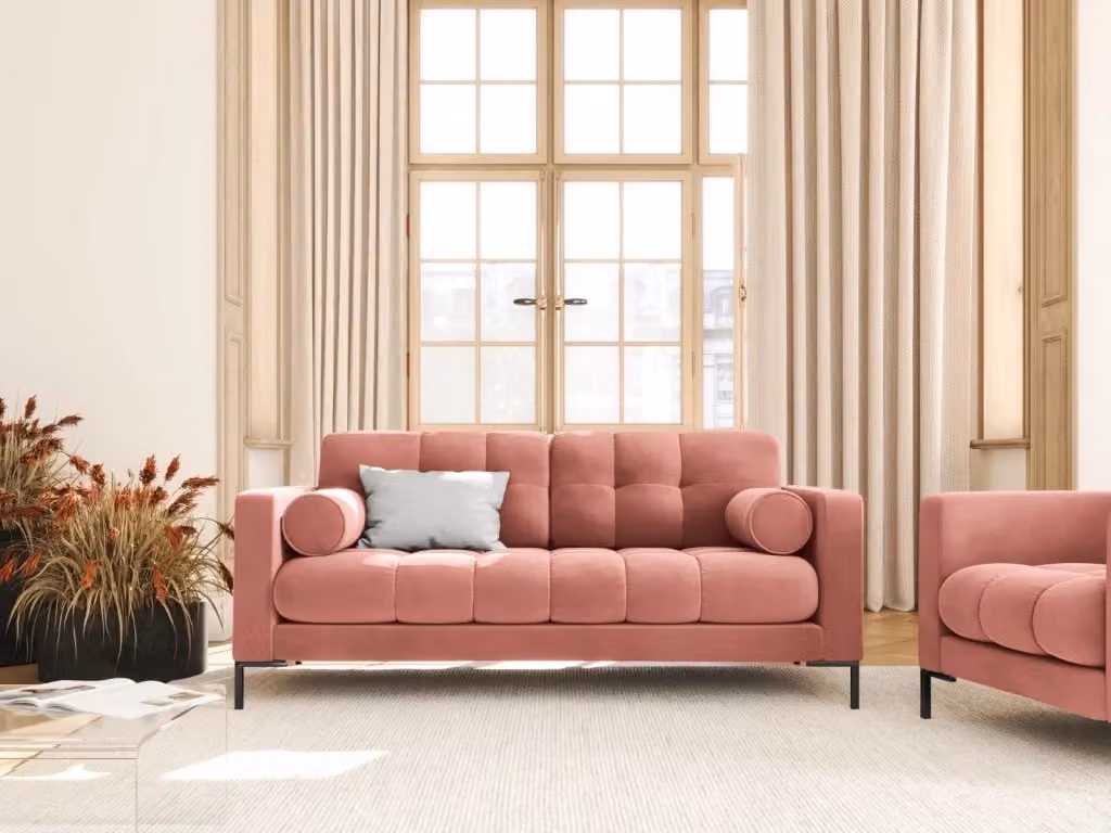Divano Bali 2 posti Cosmopolitan Design in velluto rosa con struttura in metallo e cuscini inclusi L: 152 cm, P: 75 cm, H: 35 cm – 2