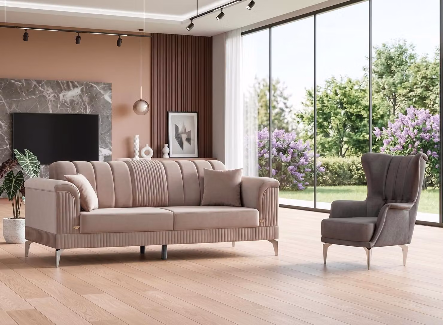Set divani: 1 divano a 3 posti e 1 poltrona, stile moderno, rosa e grigio, set divani
