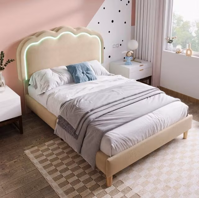 Letto Singolo Imbottito 90x190 cm con Testiera Regolabile LED in Tessuto di Lino Beige, Telaio per Materasso Camere da Letto e Ospiti