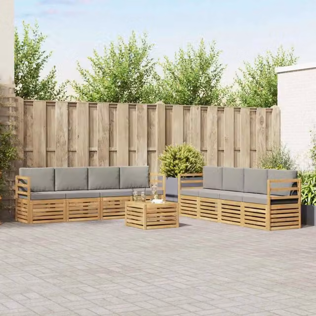 Set di divani da esterno vidaXL in legno di acacia con cuscini, Bianco e Grigio – 1