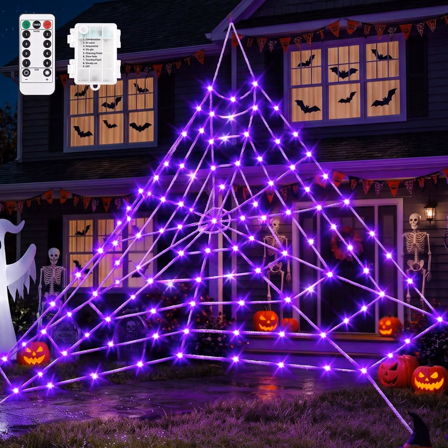 Catena luminosa a forma di ragnatela, 5x5 metri, 125 LED, 8 modalità, timer, ideale per Halloween