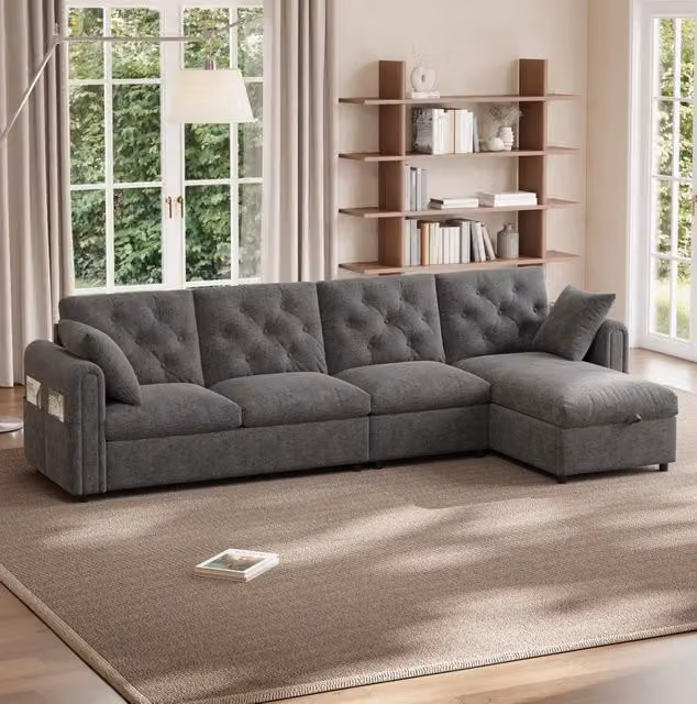 Divano angolare con funzione letto 281x132 cm; contenitore reversibile grigio HOMVRA