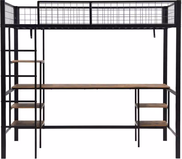 Letto a castello in ferro con scrivania e mensole, per bambini e ragazzi, 90x200 cm, nero e legno scuro