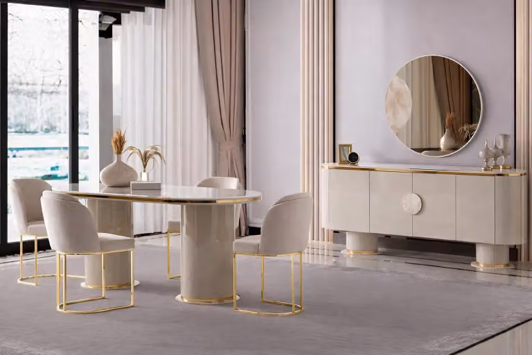 Set da pranzo esclusivo color crema, completo di credenza con specchio e 4 sedie