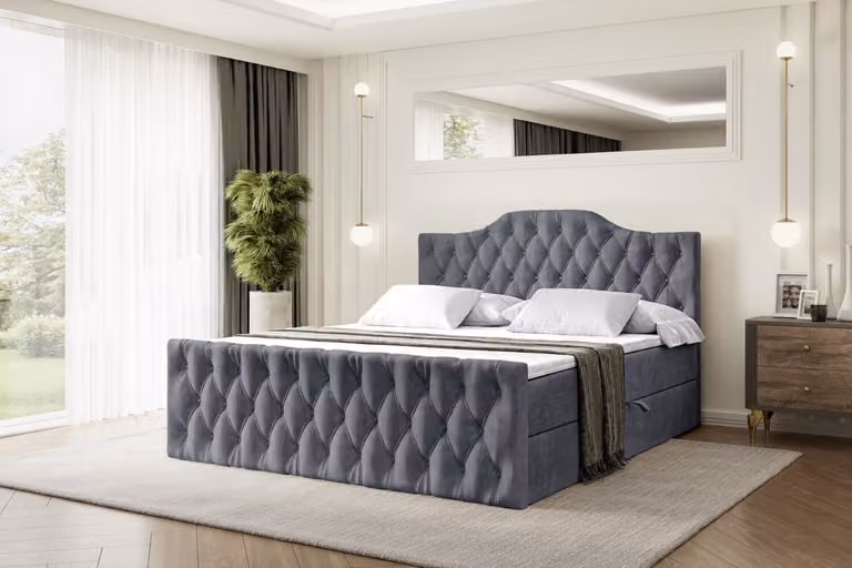 Letto boxspring ALTDECOR con pediera, materasso H3 e topper - 200x200 cm - VILA-1-Z - Velluto grigio scuro - Letto imbottito con contenitore e rete a doghe, letto con spazio contenitivo