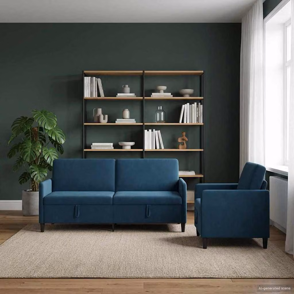 Set di 2 divani moderni vidaXL con contenitore a sollevamento, rivestimento in tessuto blu e nero per il tuo soggiorno