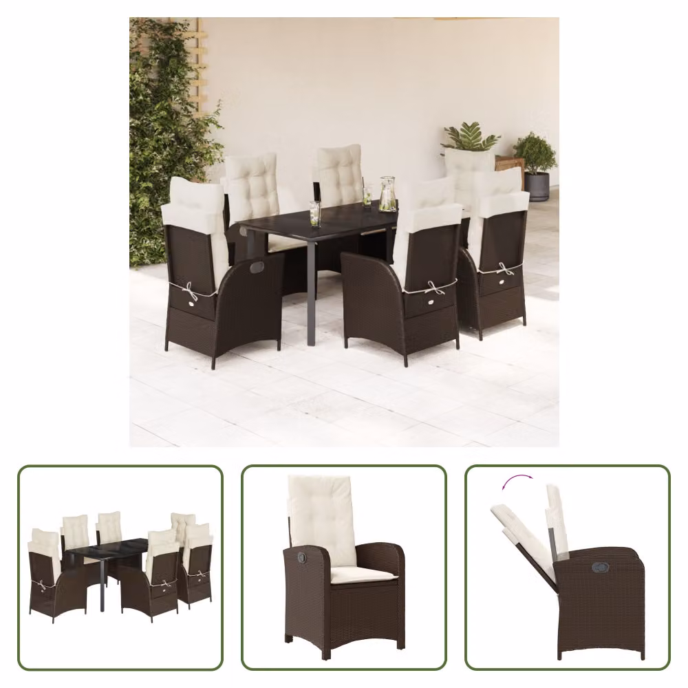 The Living Store Set da pranzo da giardino 7 pezzi con cuscini in polirattan marrone