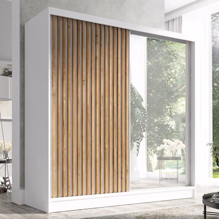 Armadio a porte scorrevoli, a 2 ante con specchio e lamelle 3D Premium LINA 200 cm (bianco)