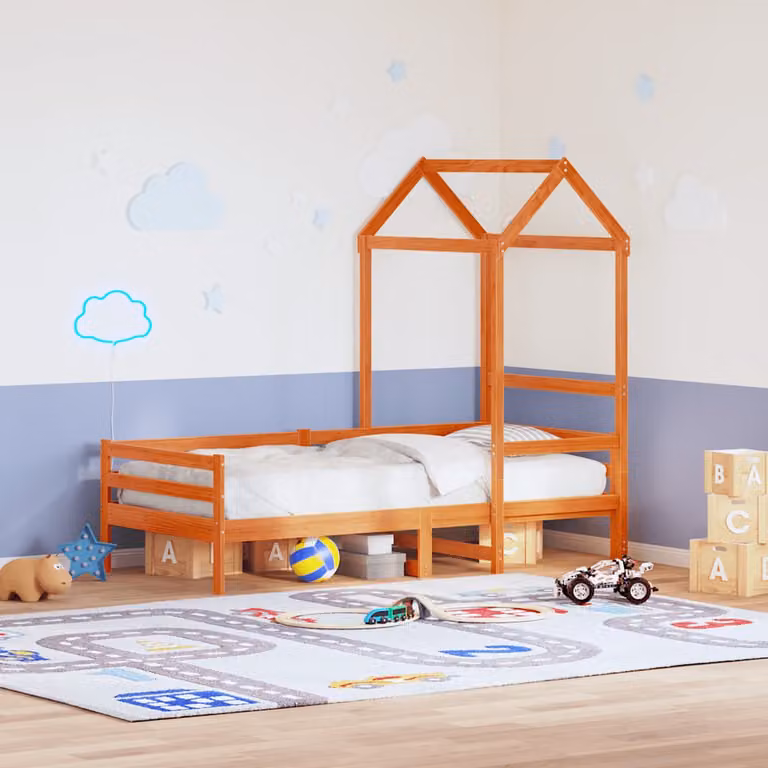vidaXL Tetto Letto per Bambini in Legno di Pino Massello, Marrone Cera, L: 118 cm, P: 70 cm, H: 176,5 cm