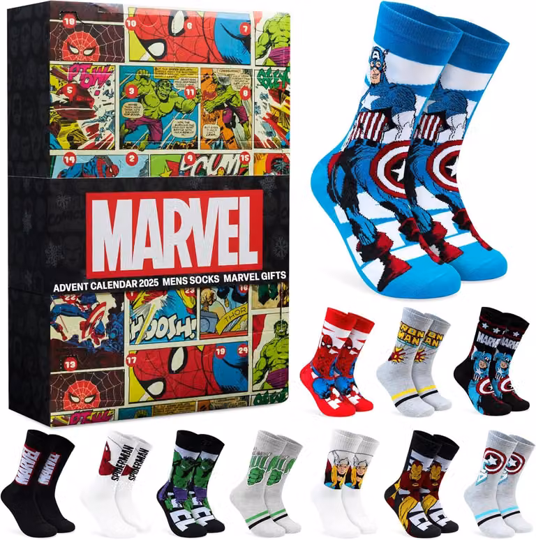 Calendario dell'Avvento Marvel a tema calze, ideale per uomini e adolescenti - 24 paia di calze sportive traspiranti