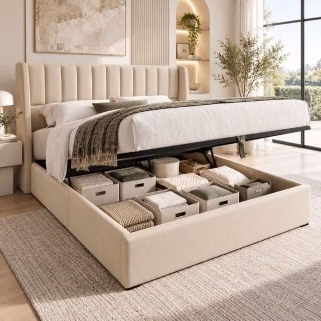 Letto Contenitore Matrimoniale 160x200 cm; Letto Imbottito in Lino Beige con Testiera; Rete a Doghe e Sollevamento Idraulico; Struttura Letto