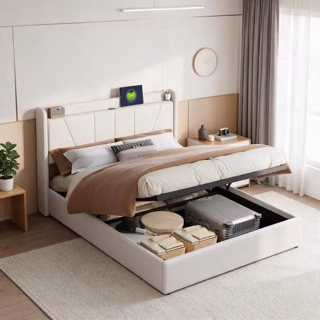Letto matrimoniale 140x200 cm con contenitore idraulico testiera rete a doghe metallo e legno - beige