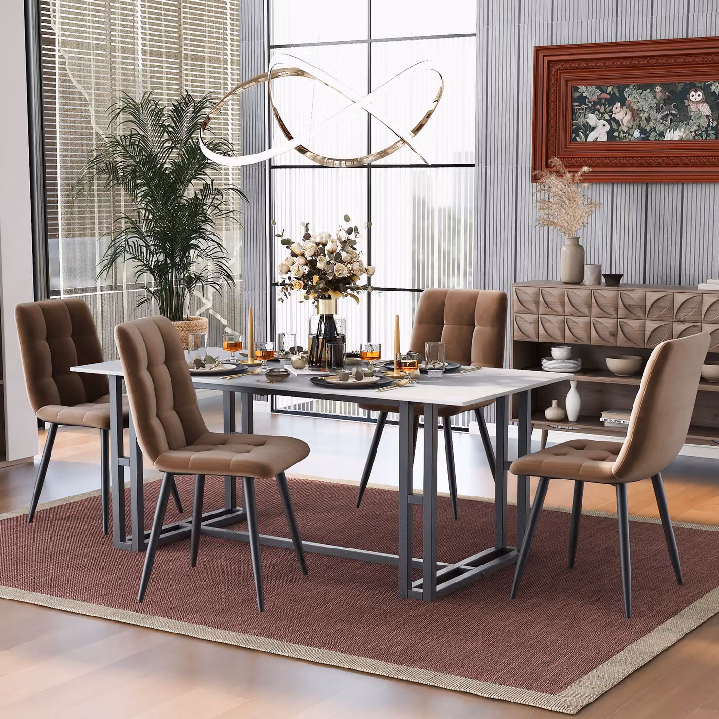 MODFU, Sedia da pranzo imbottita (set di 4), con gambe in metallo, sedia per il soggiorno, sedia da cucina con schienale, sedia per soggiorno e camera da letto, colore marrone velluto