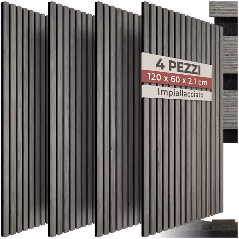 Set di 4 pannelli acustici Sonic Wall tectake effetto legno rovere grigio chiaro in MDF, L: 120 cm, H: 60 cm, P: 2,1 cm